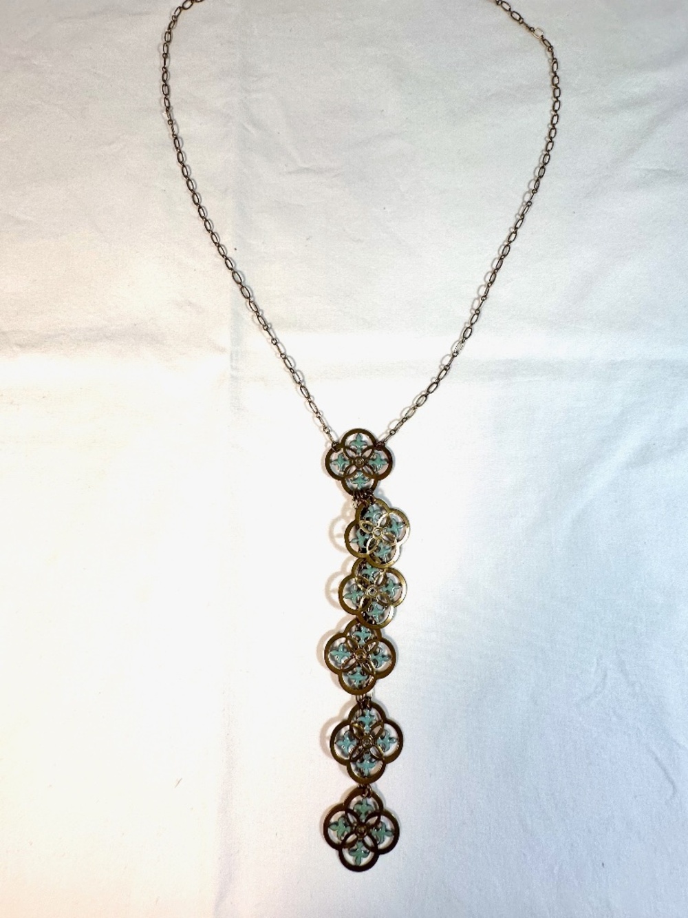 Vintage Anne Koplik Enamel on Gold Metal Cascading Medallion Pendants Necklace